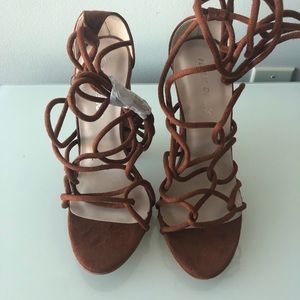 Brown Faux Suede Lace Up Block Heels